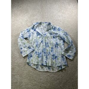 Apparenza Shirt Womens Small Blue Green Floral Button Up Crinkle Blouse Sheer‎